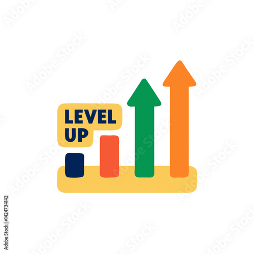 Colorful level up icon representing progression and advancement in gaming on a white background