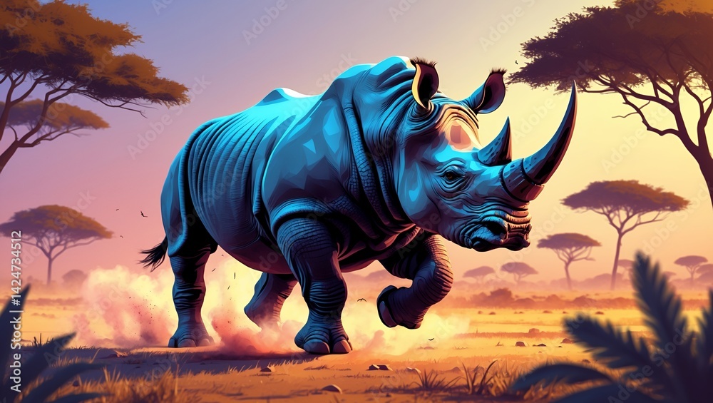 Fototapeta premium Charging rhinoceros illuminated in a vibrant savannah
