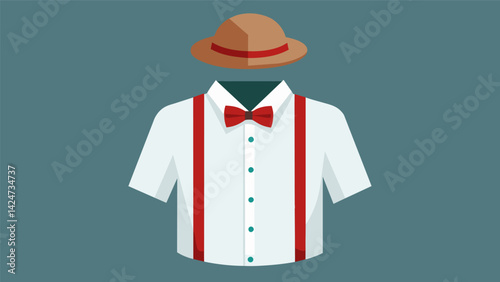 A crisp white buttonup shirt with a wide collar and colored piping displayed with a pair of retro suspenders and a fedora hat.. Vector illustration