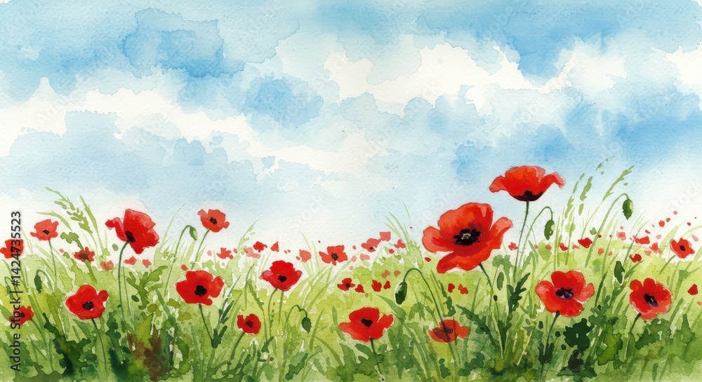 Fototapeta premium Watercolor poppy flowers field against a blue sky - Victory Day 