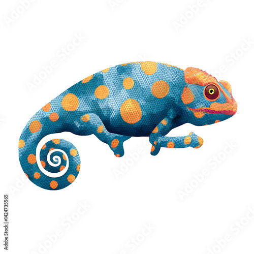 Cartoon chameleon blending into polka dot pat