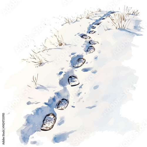 Snow-covered trail with snowshoes and footprints, watercolor illustration, isolated on a white background.

