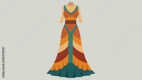 A bohemianinspired maxi dress made from upcycled vintage scarves and lace creates a whimsical and unique look.. Vector illustration