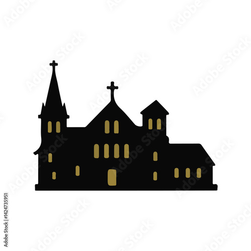 Simple Silhouette of a Gothic-Style Church.A bold, black silhouette of a large church, likely Gothic in style, with prominent towers and detailed windows.