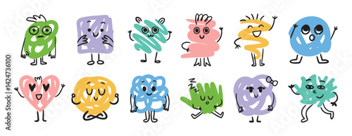 Abstract funny scribble characters different emotions and faces. Cute doodle hand drawn characters set.