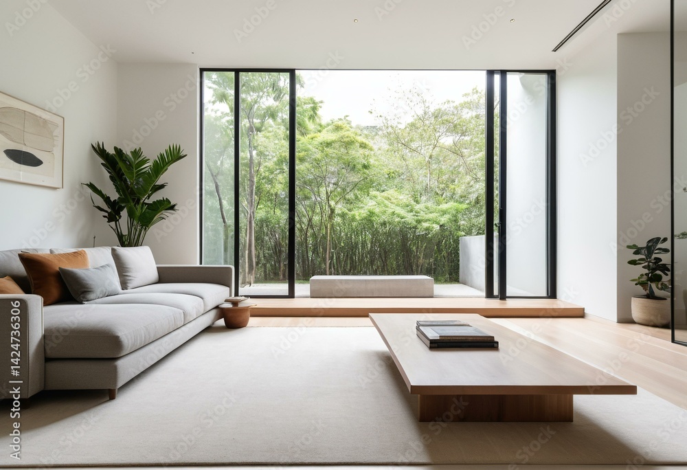 Fototapeta premium A living room with a sectional couch and a coffee table.