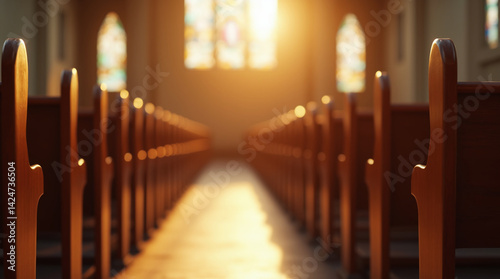 Photorealistic image of empty wooden church pews lined up in rows, bathed in warm sunlight, shallow depth of field.