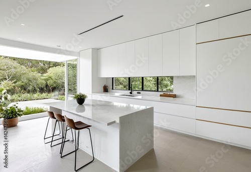 A modern kitchen with a large island in the middle of it.