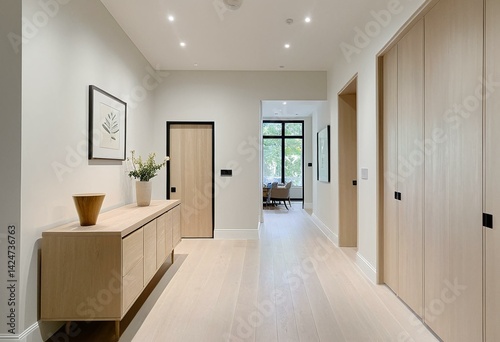 A long hallway with white walls and wooden floors.