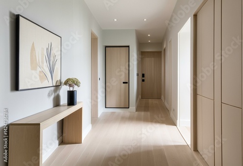 A long hallway with white walls and wooden floors.