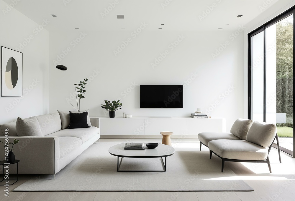 Obraz premium A living room with white furniture and a flat screen television.