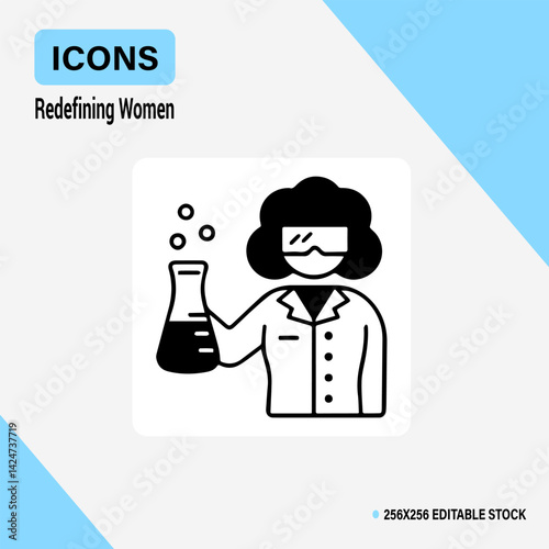 Female Scientist Icon: A symbol of innovation, featuring a determined woman scientist in a lab coat, intently examining a flask, a testament to scientific pursuit and female empowerment. 