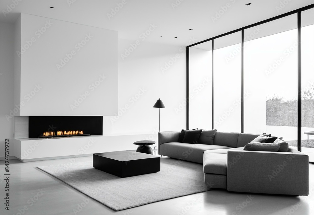 A living room with a white couch and a fireplace. A living room with a white couch and a fireplace.