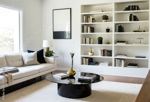 A living room with a white couch and a coffee table.