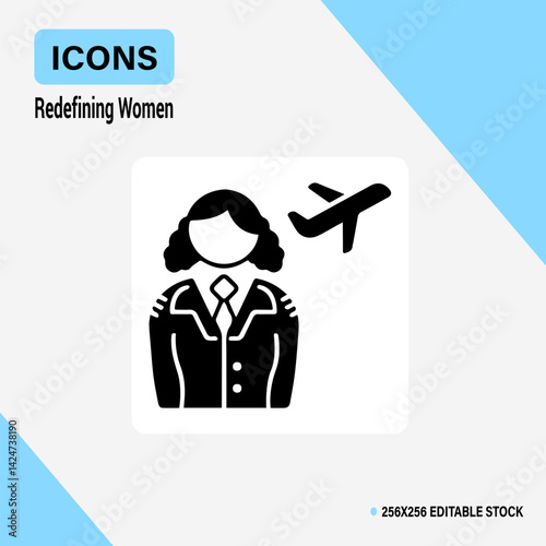 Icon of Female Pilot: A sleek icon of a female pilot, symbolizing empowerment and breaking boundaries, stands alongside a modern airplane silhouette, representing dreams and possibilities.