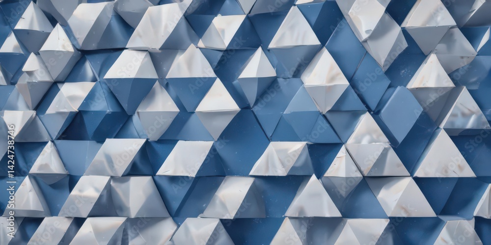 Fototapeta premium Modern blue backdrop featuring overlapping white triangles, diamonds, and squares , shapes, white shapes