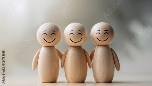 Three wooden figures smiling with a blurry background photo