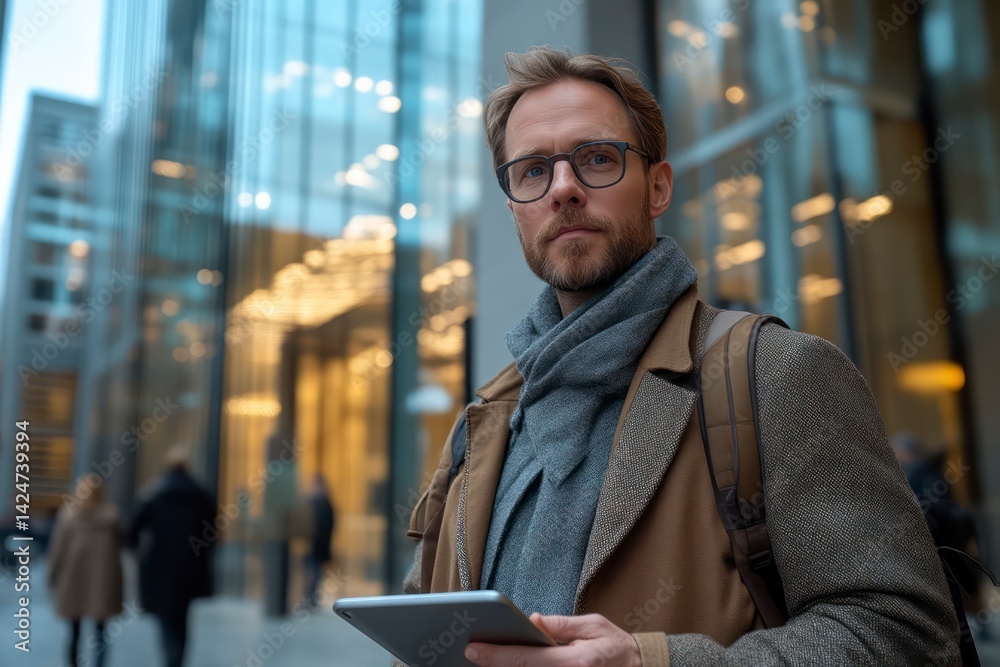 Professional Man with Tablet in Urban Setting Wearing Glasses and Scarf Businessman Outdoors Professional Man with Tablet in Urban Setting Wearing Glasses and Scarf Businessman Outdoors