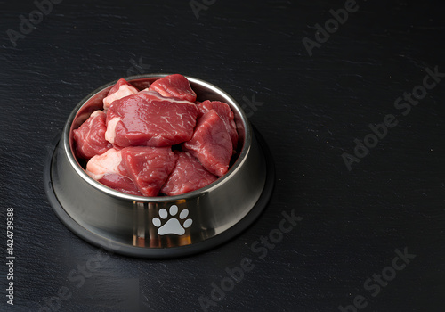 Raw Meat in Dog Bowl Fresh Cubed Beef for Pet Food on Black Background.