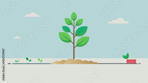 A minimalist design with the words Progress not perfection and a small tree growing from a seed.. Vector illustration