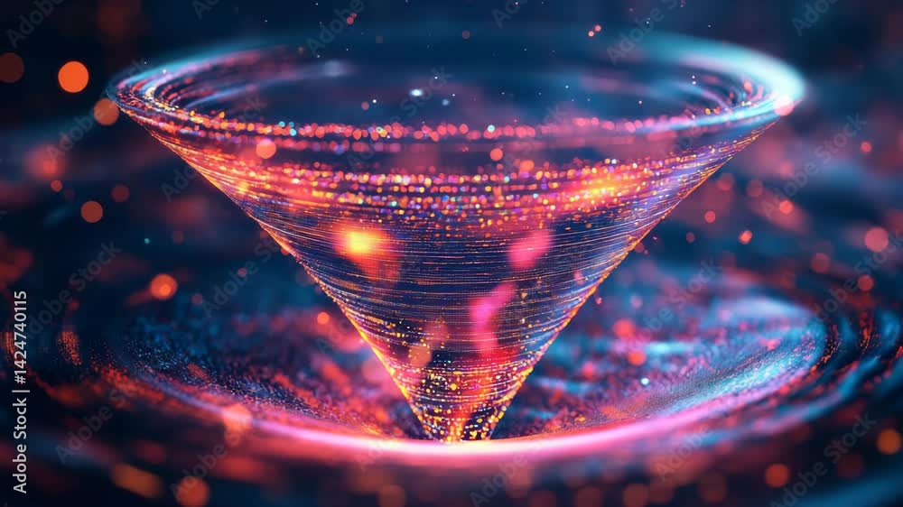 Rotating hologram of abstract sales funnel with glowing data flow