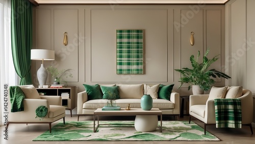 Elegant minimalist living room with beige sofa and green accents