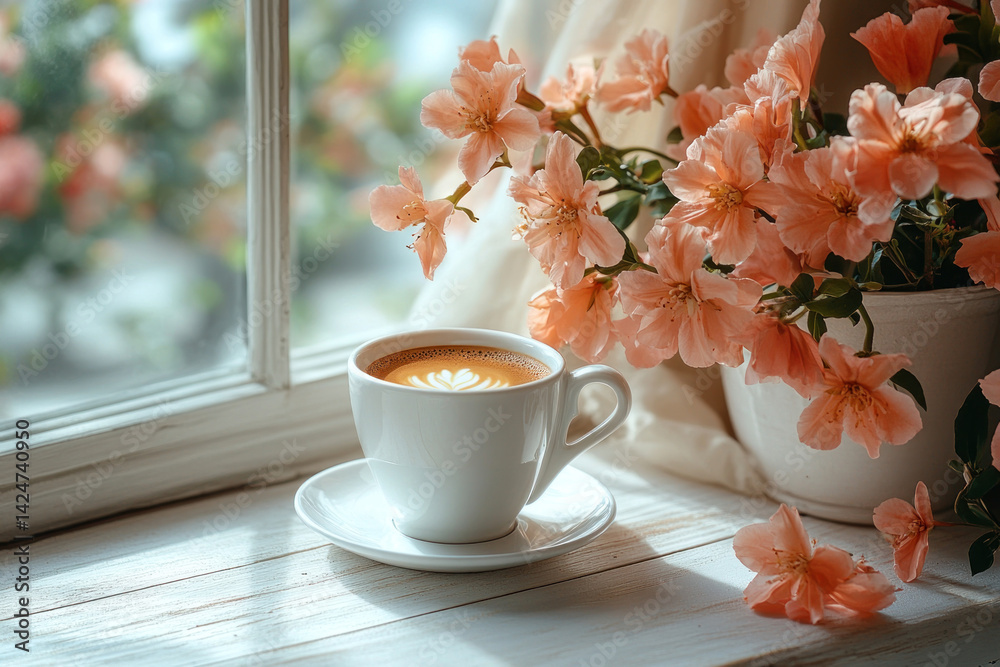 A cozy morning outside the window: a cup of coffee with latte art sits on a white wooden windowsill, surrounded by blooming peach flowers in a pot.
