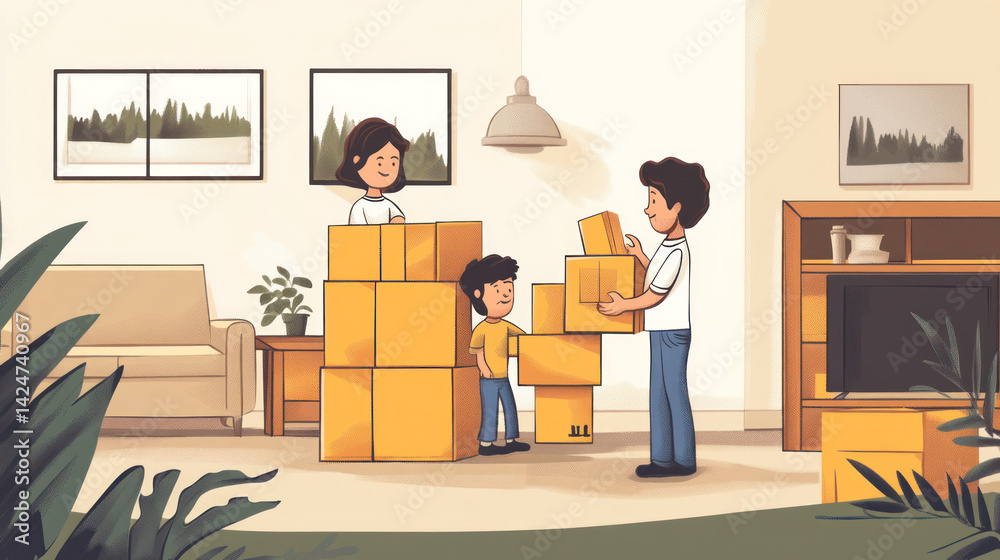 An illustration of a happy family moving. The father, mother and child are packing and stacking boxes in a cozy living room.