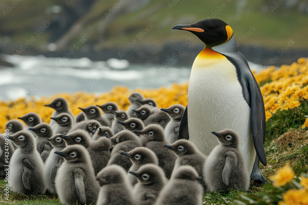 A charming image of a penguin colony against a picturesque coastal backdrop. In the foreground, an adult emperor penguin stands with many fluffy chicks lined up around him.
