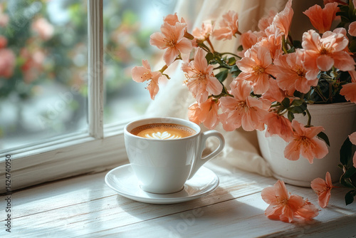 Obraz na płótnie A cozy morning outside the window: a cup of coffee with latte art sits on a white wooden windowsill, surrounded by blooming peach flowers in a pot. w salonie