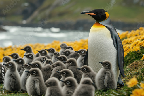 Obraz na płótnie A charming image of a penguin colony against a picturesque coastal backdrop. In the foreground, an adult emperor penguin stands with many fluffy chicks lined up around him. w salonie