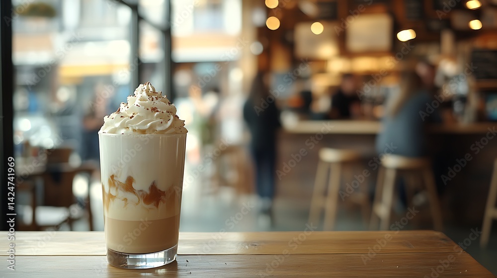 Iced Coffee with Whipped Cream in Cozy Cafe, A glass of iced coffee topped with whipped cream on a wooden table in a cozy cafe Iced Coffee with Whipped Cream in Cozy Cafe, A glass of iced coffee topped with whipped cream on a wooden table in a cozy cafe