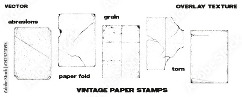 Paper pages for overlay effect with different effects, torn, grainy, worn, old, worn. Paper pages with fold, grunge vector texture. Overlay to give the effect of vintage photo, letter or page. Vector