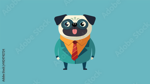 A quirky pug dressed in e outfits their necktie cam capturing their fashionable adventures.. Vector illustration