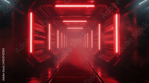 Red Neon Lights Illuminate a Futuristic Corridor with Smoke