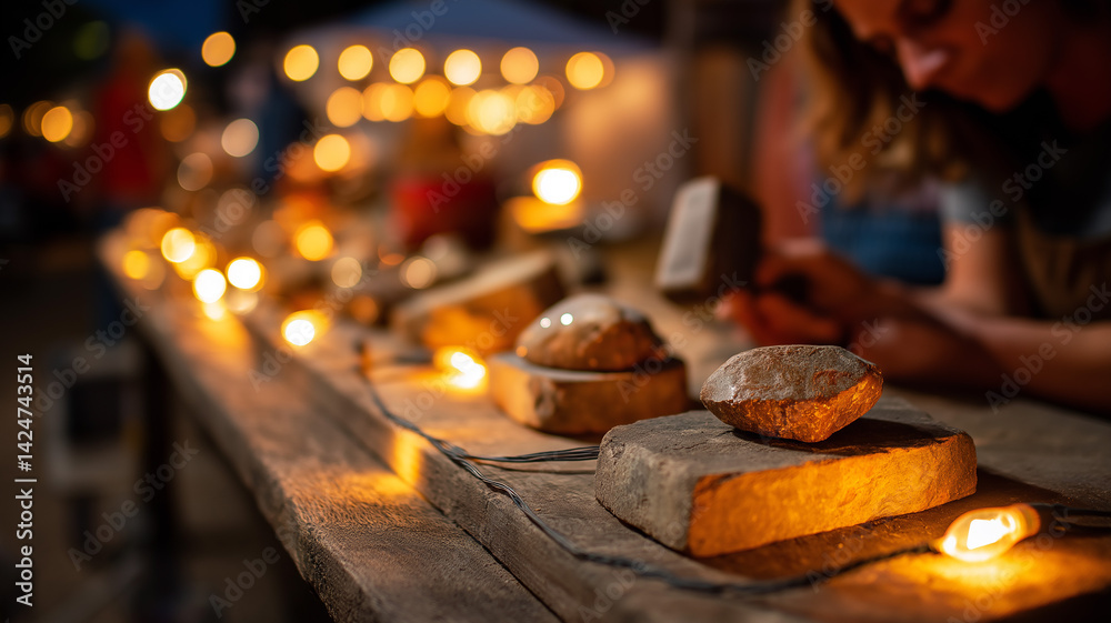 Rockhounds polishing geodes beneath string lights at night, glowing crystals and cozy scene, warm ambient lighting, artisan market vibe, lifestyle photography Rockhounds polishing geodes beneath string lights at night, glowing crystals and cozy scene, warm ambient lighting, artisan market vibe, lifestyle photography