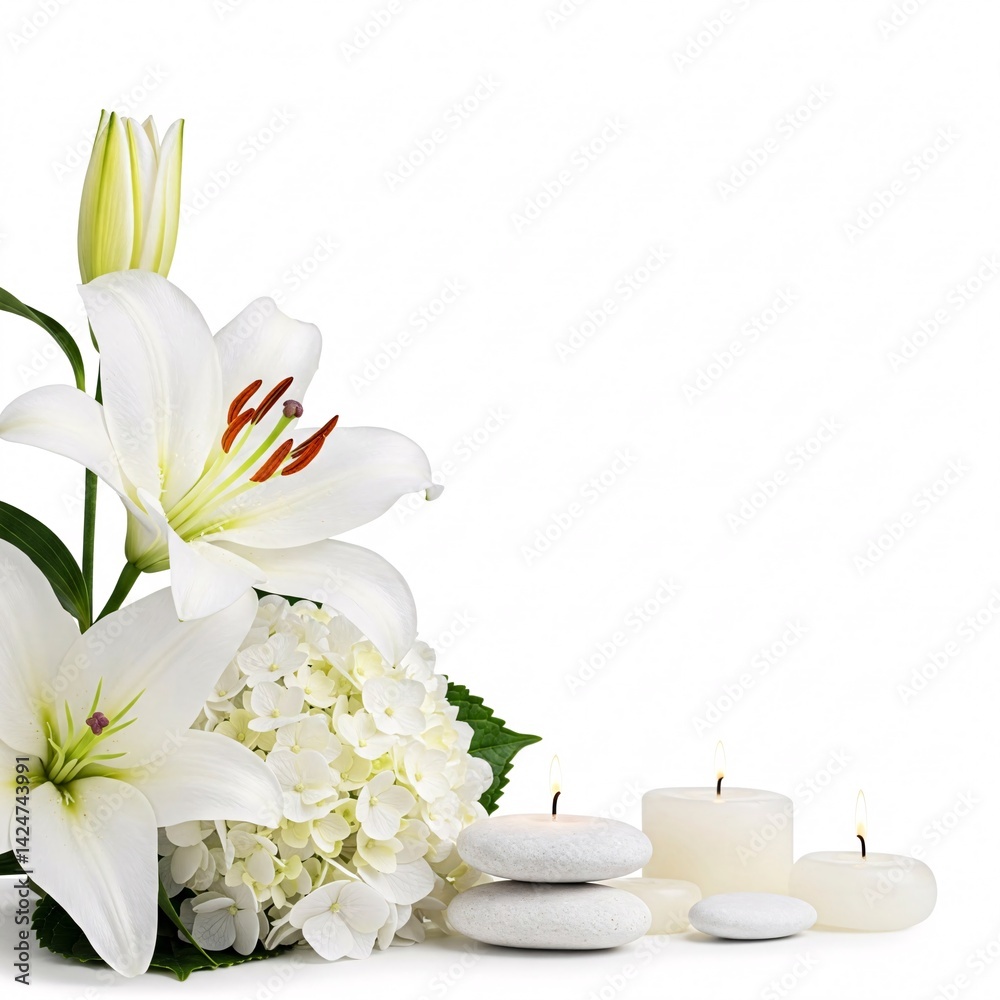 Spa composition with flowers and stones isolated on white background. Orchids, calla lilies, and sea salt close-up Spa composition with flowers and stones isolated on white background. Orchids, calla lilies, and sea salt close-up