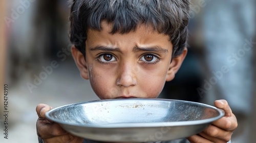 Young Boy Holding Empty Metal Bowl Sad Expression Poverty Child Hunger Food Need Help Hopeful Face Closeup Portrait Humanitarian Aid Desperate Situation Serious Look Childs Face Deprived Child Poor   