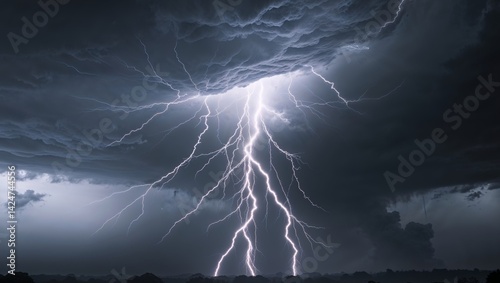 Bright electrical storm illuminates dark sky with forks of lightning during powerful thunderstorm
