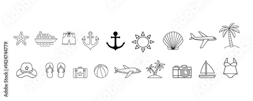 Beach Vacation Icons, Line Drawings of Summer Travel & Marine Essentials