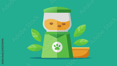 An ecofriendly pet feeder that dispenses organic nonGMO food for pets with sensitive stomachs or allergies.. Vector illustration
