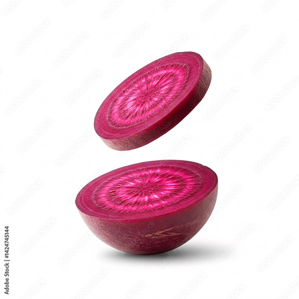 Freshly cut red beetroot falling on white background. 3D rendering of beet slices in motion Freshly cut red beetroot falling on white background. 3D rendering of beet slices in motion