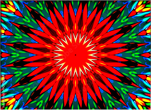 A vibrant and symmetrical design radiates outward from a central point, resembling a kaleidoscope pattern. The composition features a bold red starburst at the center, (Gen, A.I.)