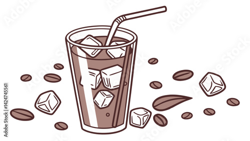 Vibrant vector of a cold chocolate drink in a glass with ice cubes and coffee beans, highlighting a cool and sweet refreshment theme