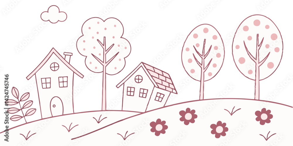 Hand-drawn village scene with trees, houses, and flowers in a minimalist style conveying peace, charm, and rural simplicity Hand-drawn village scene with trees, houses, and flowers in a minimalist style conveying peace, charm, and rural simplicity