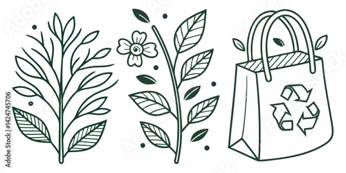 Hand-drawn eco icons featuring plants, flowers, and recycling bag promoting sustainability, nature care, and environmental friendliness
