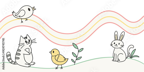Whimsical vector showing cat, bunny, and chick on grassy hill with colorful waves, portraying innocence and playful childlike energy