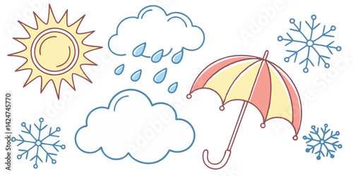 Cute weather icons of sunshine, clouds, and umbrella representing various weather moods in a charming cartoonish hand-drawn vector style