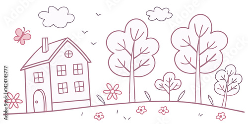 Minimal village scene with trees, flowers, and houses drawn in a peaceful, clean vector style reflecting simplicity and warmth
