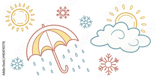 Vector weather doodles including umbrella, sun, and snowflakes in a colorful playful sketch style representing changing seasons